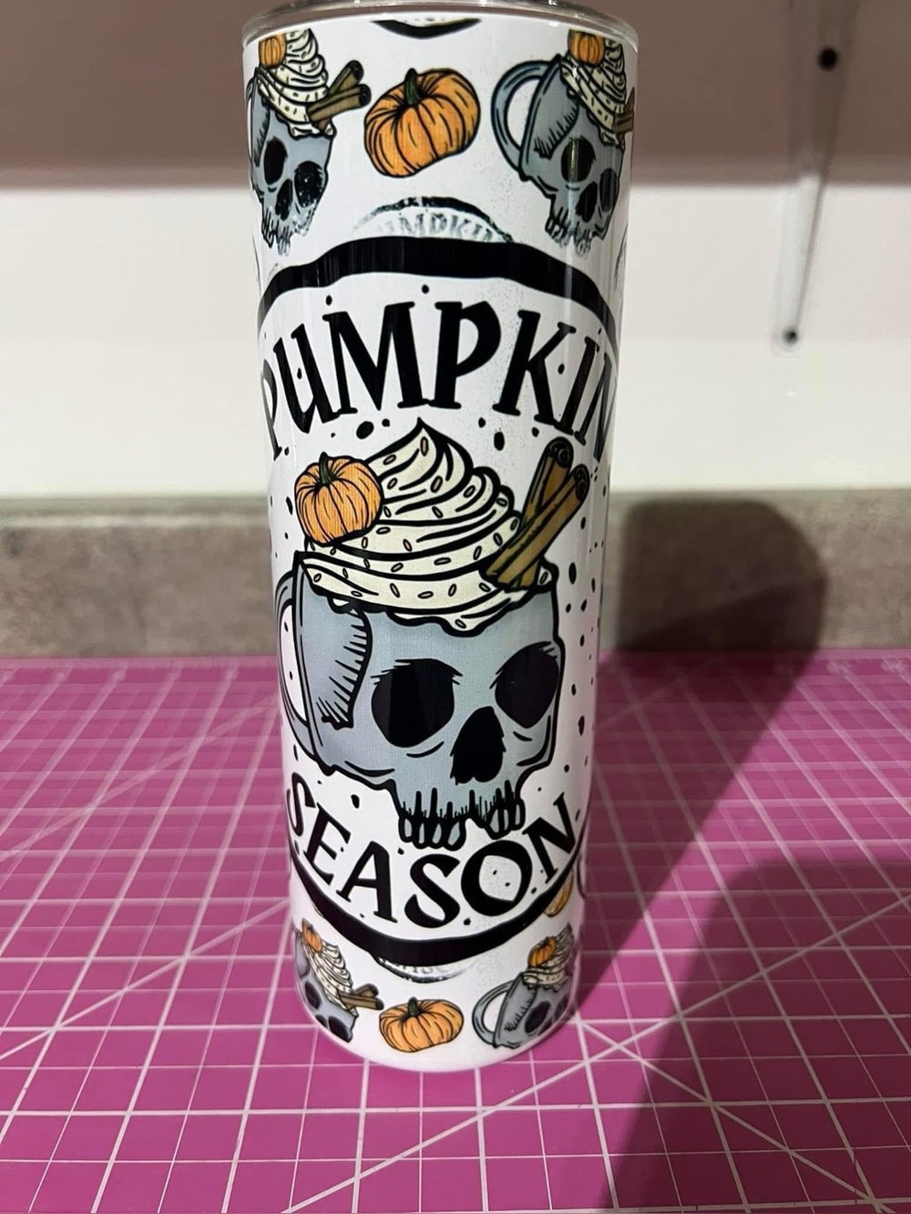 Pumpkin Season Skull Travel Tumbler - White & Orange